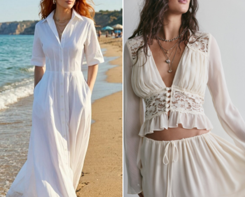 White Boho Summer Outfits: Best Lace Dresses, Knit Sandals & Raffia Bags cover photo collage