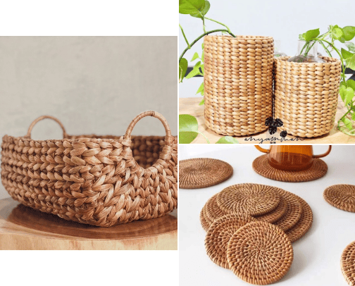 Handcrafted rustic woven baskets,  placemet , and more cover photo collage