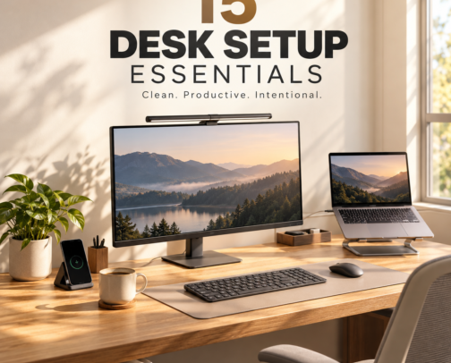 15 Desk Setup Essentials for a Clean & Productive Workspace cover photo collage