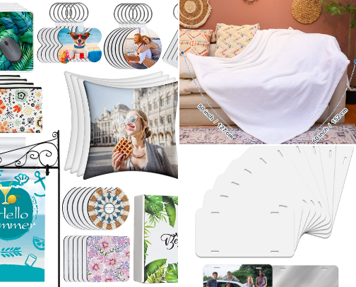 Sublimation, blanks for home or business, I recommend all of these and have used them for myself. They are a must have cover photo collage