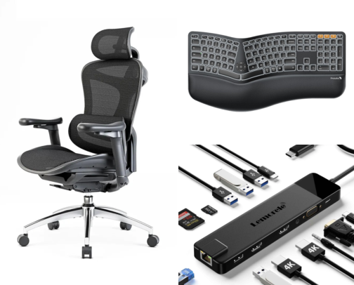Ergonomic home office setup: chairs, split keyboard, vertical mouse and docks cover photo collage