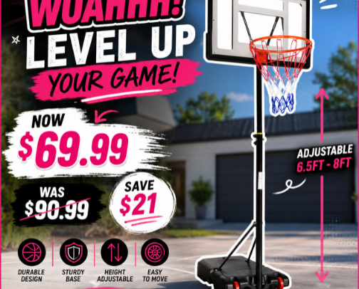 Adjustable Portable Basketball Hoop – Now $69.99 cover photo collage