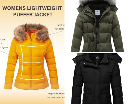 Bellivera Women’s Puffer Jacket – Lightweight Quilted Winter Coat with Hood & Faux Fur Collar cover photo collage