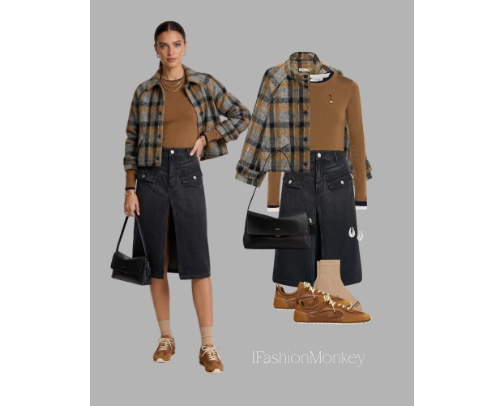 OOTD 992 WOMEN'S FASHION BLACK DENIM SKIRT LOOK WITH PLAID COAT cover photo collage