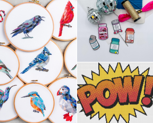 Thread That Needle! Cross-stitch patterns and supplies cover photo collage
