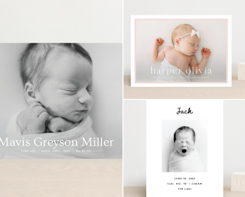 Birth Announcements, Baby Showers, & First Birthday Invites cover photo collage