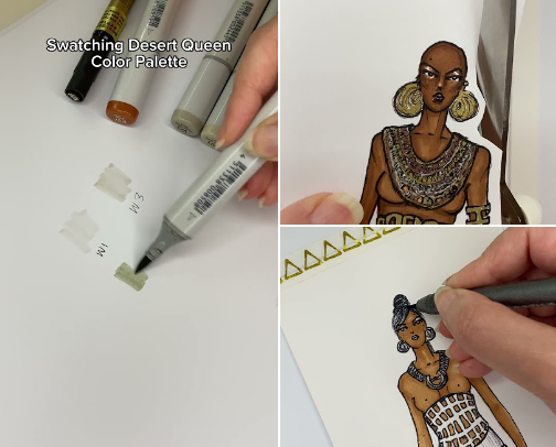 All the Copic Sketch Markers and pens I used to render my Desert Queen PaperDolls | color palette inspo cover photo collage