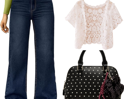 Elegant Jeans Outfit for Women | White Lace Cardigan & Denim Style cover photo collage