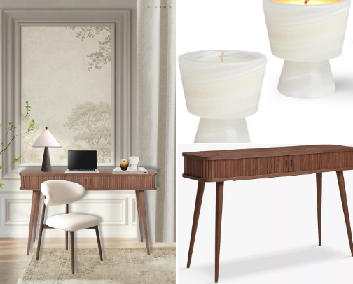 Modern Classic Neutral Home Office Styling Idea (Warm Wood & Beige Decor) cover photo collage