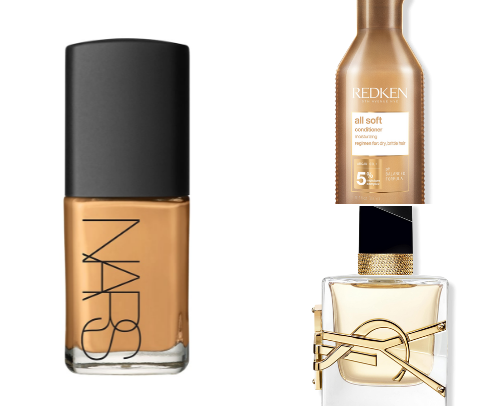 Hair, makeup and skin care essential items cover photo collage