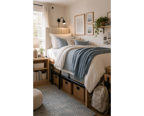 Create This Blue-Accented Dorm Room cover photo collage