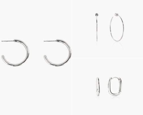 Silver-tone stainless steel jewelry: hoops, chains and stacking rings cover photo collage