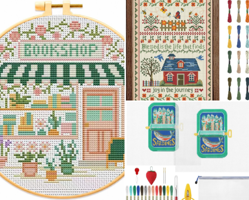 ESSENTIALS FOR THE BEGINNER CROSS STITCHER + NEEDLEPOINTER cover photo collage