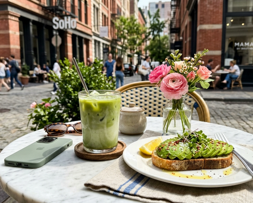 Most aesthetic brunch & matcha spots in NYC ☕🌸 cover photo collage