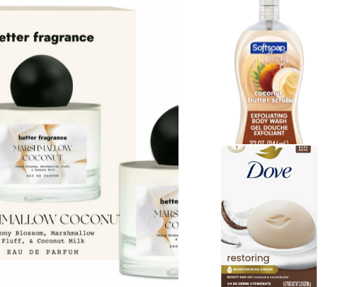 Budget friendly Coconut marshmallow scented everything shower 🥥🥥 cover photo collage