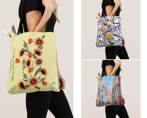 Unique art tote bags inspired by flowers, dreams, and colorful cities cover photo collage