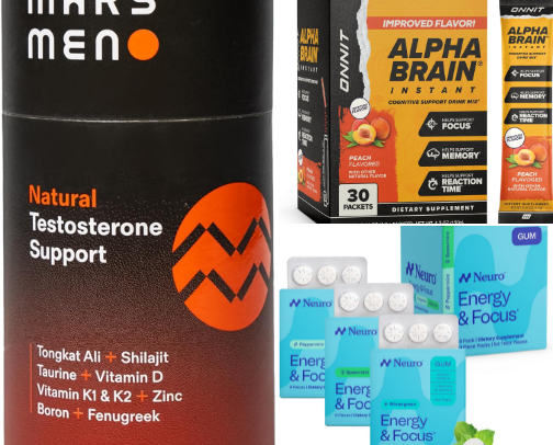 Vibe with “brain gains”  with Alpha Brain,   “Neuro Gum’s” energy boost, and Mars Men Natural testosterone support. cover photo collage
