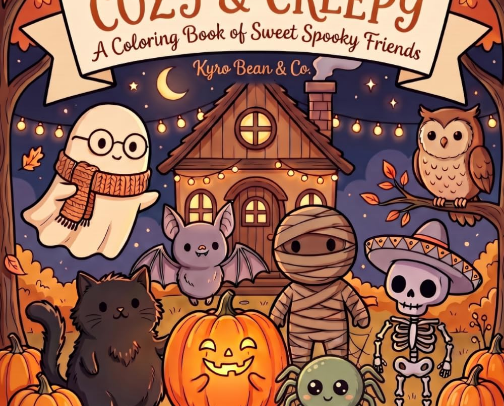 Coloring books: Halloween, spooky friends, cozy hygge moments cover photo collage