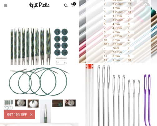 Knitting needles, yarn and patterns cover photo collage