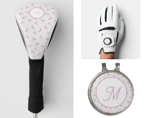 Feminine monogrammed frilly coquette golf accessories with hand drawn patterns cover photo collage