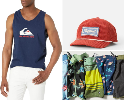 Men's board shorts and sleeveless in the beach rec cover photo collage
