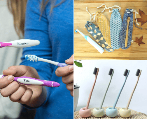 Personalized toothbrush, stylish holder, and travel essentials cover photo collage