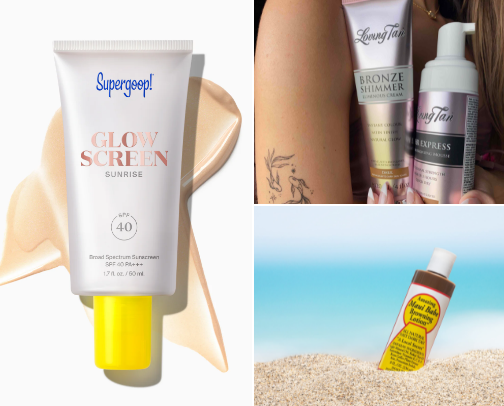 tanning + spf essentials👙🥥✨🤍 cover photo collage