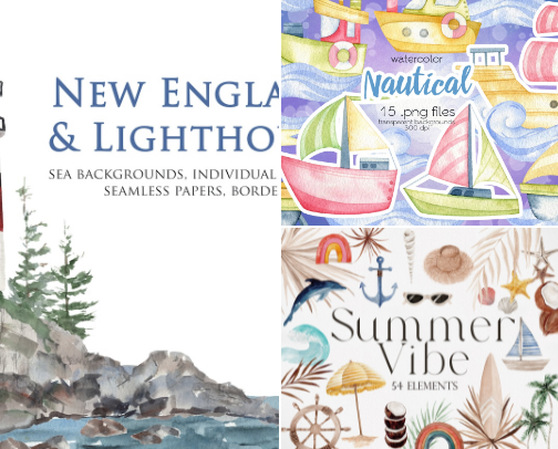 Hand-Painted Nautical Watercolor Illustrations cover photo collage