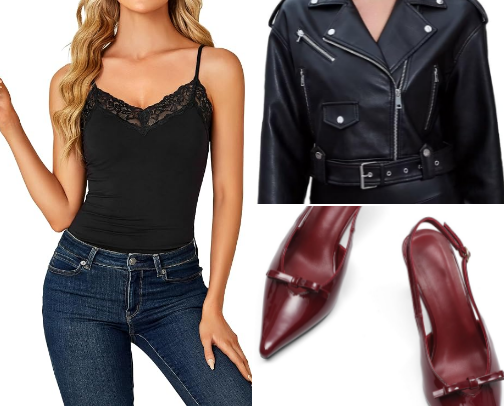 Effortlessly Chic Black Top & Flare Jeans Outfit with Leather Jacket cover photo collage