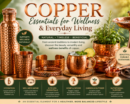 Copper Essentials for Wellness & Everyday Living: Bottles, Bracelets, Home & Garden Finds. cover photo collage