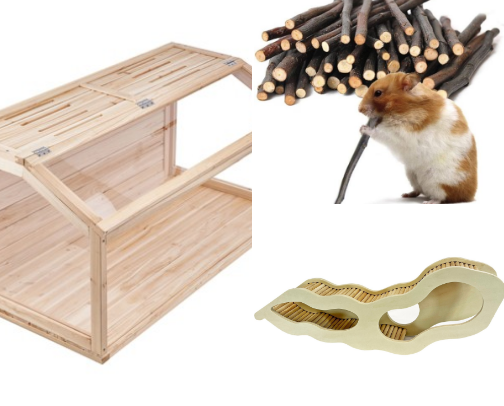 natural hamster cage starter pack: cages, hides, decor, and accessories cover photo collage