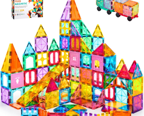 OugerToy 104PCS Magnetic Tiles STEM Building Blocks for Kids Ages 3-9, Educational Stacking Toys cover photo collage