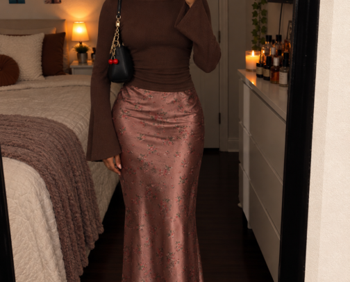 Elegant Fall Outfit Inspo 🤎 Brown Bell Sleeve Top, Floral Satin Maxi Skirt & Cherry Bag cover photo collage