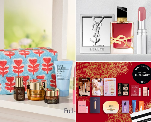 Free Gift With Beauty Purchase Collection! Check out these Freebie Gifts with Purchase Bonuses and Gift Sets. cover photo collage