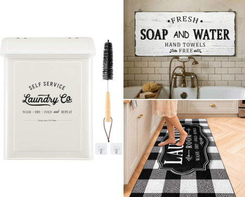 A Dash of Farmhouse Laundry Room Decor | Stylish Decor & Smart Organization Finds cover photo collage