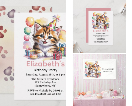 Cute Kitten Watercolor Kids Birthday Party cover photo collage