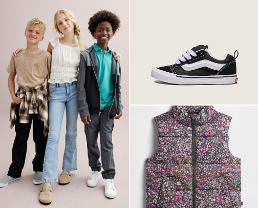 Kids clothes and shoes! We want them stylish, practical and well made! Kids grow so fast so we buy clothes and shoes with the expectation of them being passed on to the next child. cover photo collage