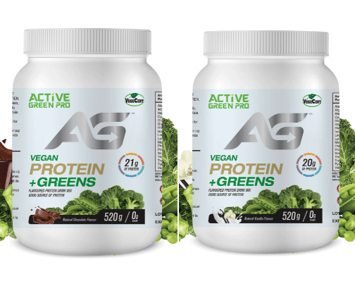 2 in one Greens & plant based protein powder supplement with no sugar cover photo collage