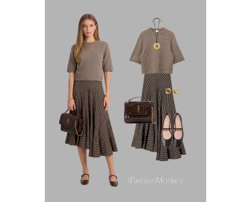 OOTD #962 WOMEN'S FASHION BROWN STRIPED ASYMMETRICAL SKIRT BY TORY BURCH cover photo collage