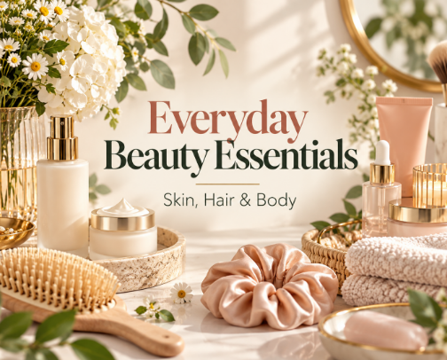 Everyday Beauty Essentials for Skin, Hair & Body cover photo collage
