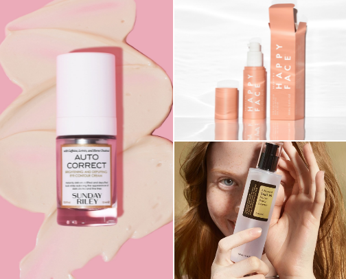 Glowing skincare products cover photo collage