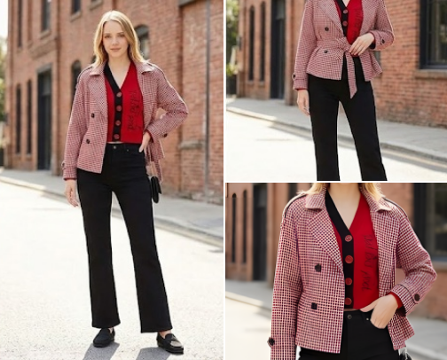 Red Cardigan & Gingham Coat Outfit | Classic Fall Layering cover photo collage
