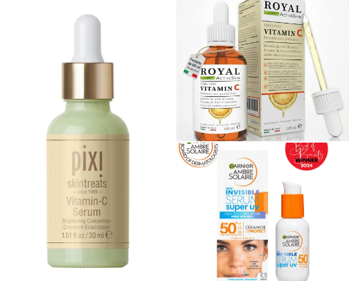 Addio pelle spenta! ✨ In questa guida ti mostro come abbinare la Vitamina C e la Protezione Solare per una pelle radiosa ogni mattina. Ho diviso i prodotti in passaggi semplici per aiutarti a costruire la tua routine senza errori cover photo collage