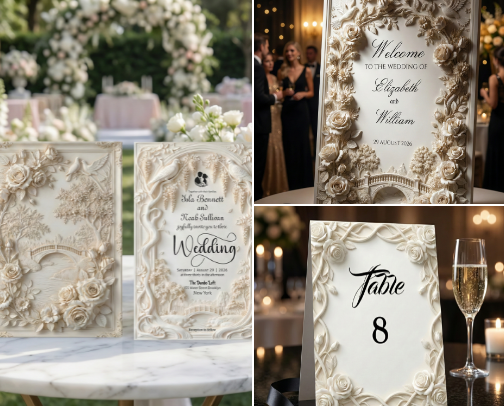 Wedding Trends 2026: Faux Embossed & Bas-Relief Stationery cover photo collage