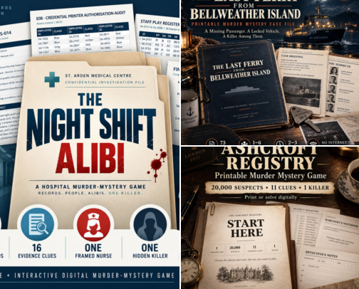 Printable Mystery & Detective Games | Murder Mysteries, Puzzles & Escape Rooms cover photo collage