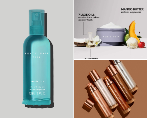 Fenty beauty summer essential products ☀️🌊👙🏝️🫧🌸🦀🐚 cover photo collage