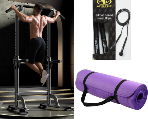 Sport items for workout or gym cover photo collage