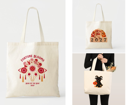 Tote bags, Mugs, Napkins for New Year 2027, Christmas, Lunar New Year 2027, Year of the Goat 2027 cover photo collage