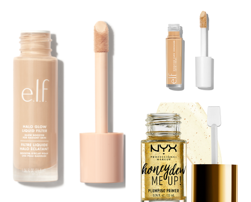 Drugstore glowy + dewy makeup cover photo collage