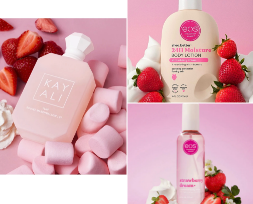 My ABSOLUTE favorite gourmand strawberry body care products 👒🍰 cover photo collage